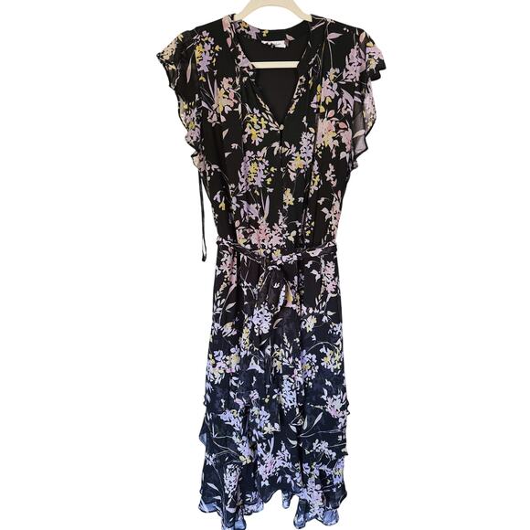 Calvin Klein Ruffle Flounce Midi Dress Black Belted 1X Fall Floral Event Boho - Picture 2 of 10